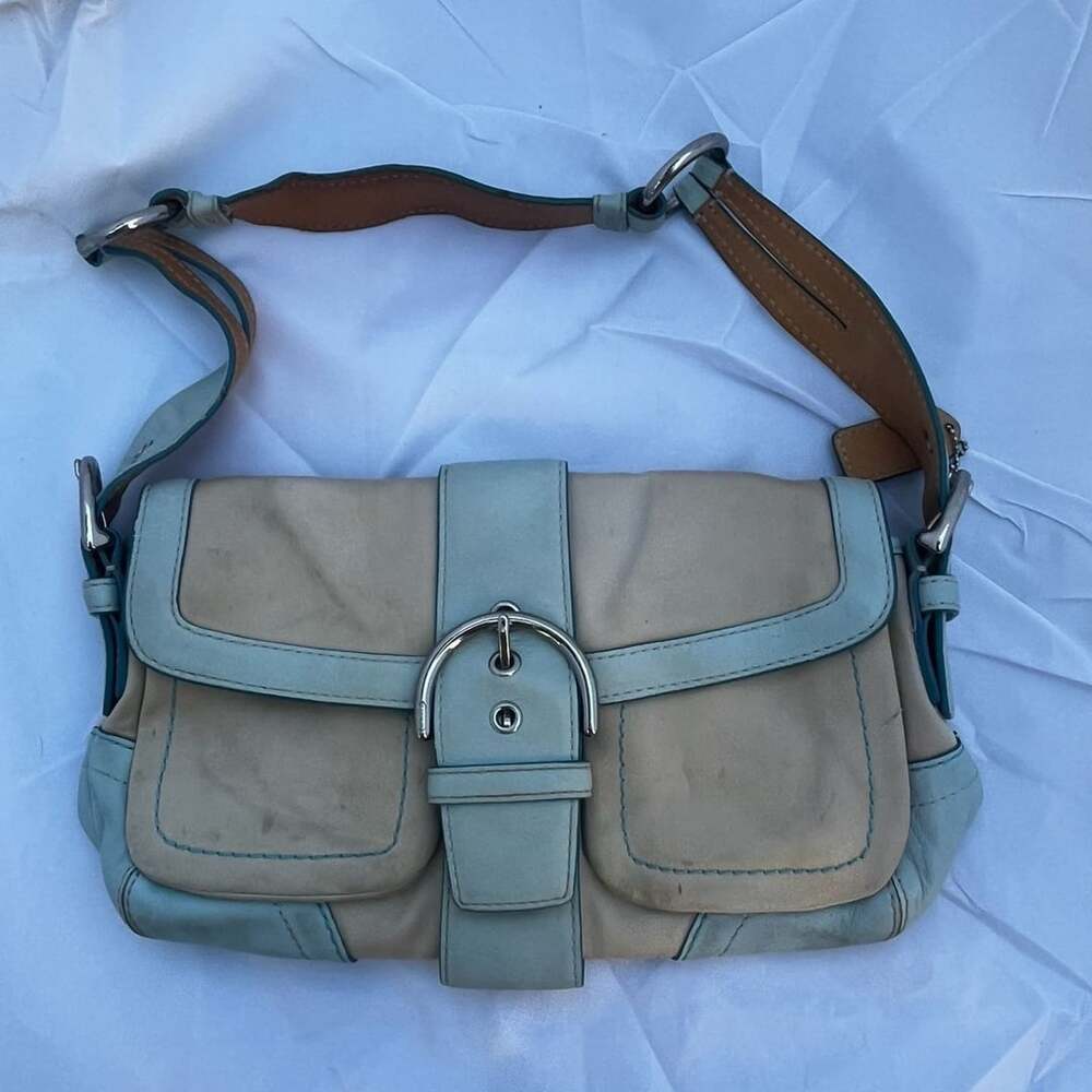 Coach Soho Pocket Flap Shoulder Bag Light Blue Cream Leather